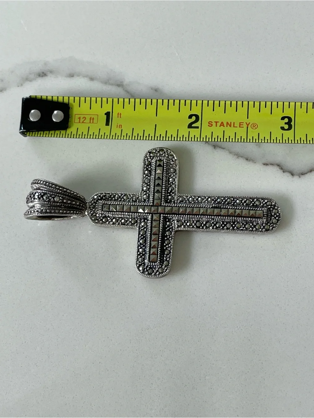 Large Vintage 925 Sterling Silver Marcasite Stone Cross Pendant